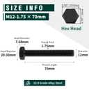 M12-1.75 x 70mm Hex Bolts, 12.9 Grade Alloy Steel, Black Oxide Finish, Full Thread, Coarse Thread UNC, Hexagon Head Bolts 8 PCS