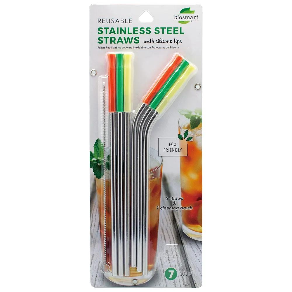Biosmart Reusable Stainless Steels with Silicone Tips, 4 straws & 1 cleaning brush