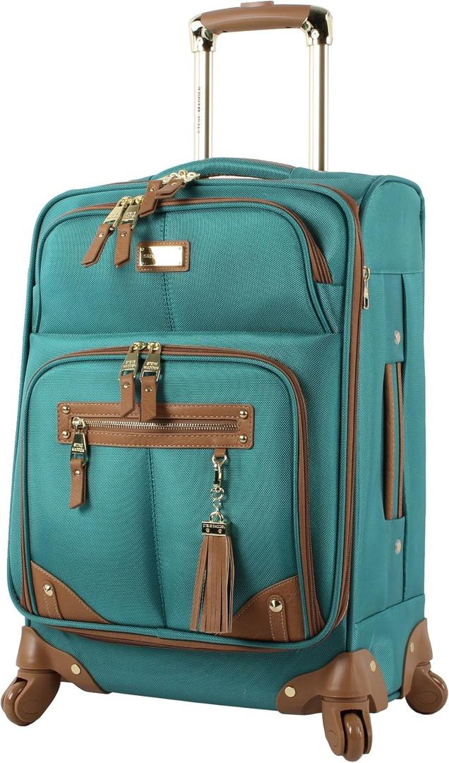Steve Madden Designer Luggage Collection - Lightweight 24 Inch Expandable Softside Suitcase - Mid-size Rolling 4-Spinner Wheels Checked Bag (Harlo Teal Blue)