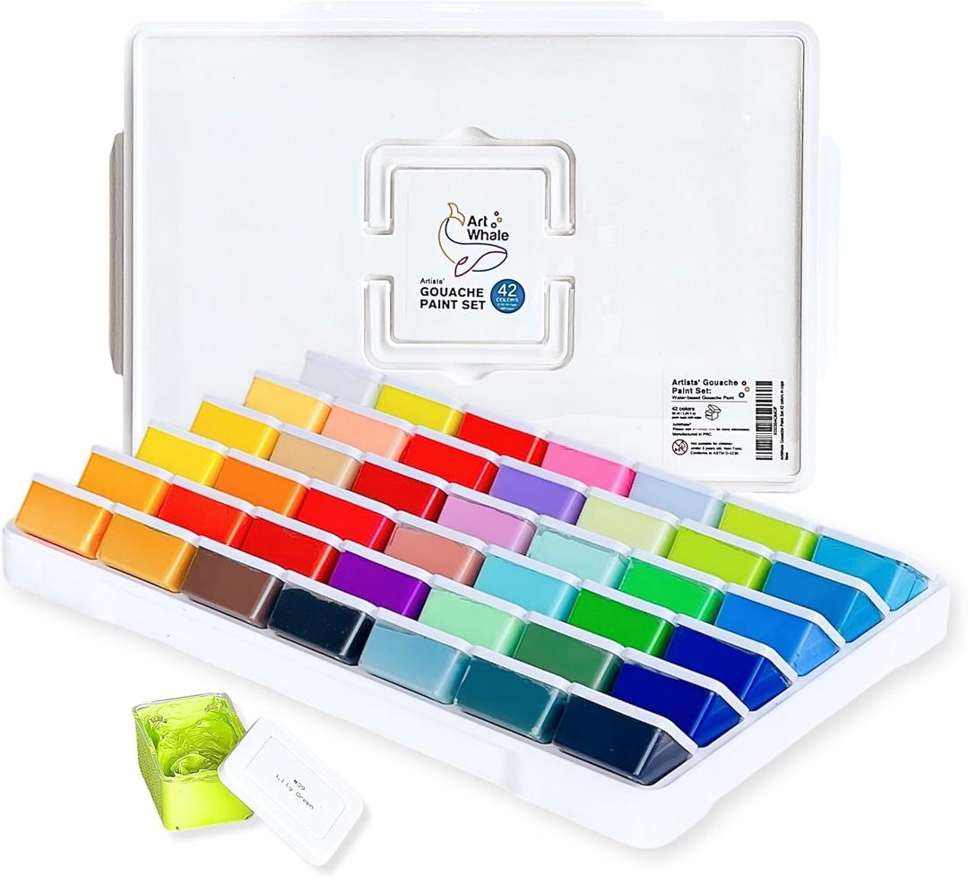 Gouache Paint Set 42 Colors in Cups With Lids (each 50ml/1.7oz)|Intense Pigments, Refillable, Pro-Quality