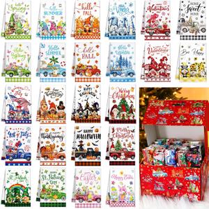 Vesici 24 Pcs Seasonal Kitchen Towels Set with Gift Box for All Holiday Valentine Gnome Themed Hand Dish Drying Tea Towels Cute Absorbent Dishcloths Kitchen Decorative Wash Cloths Gift for Home Decor