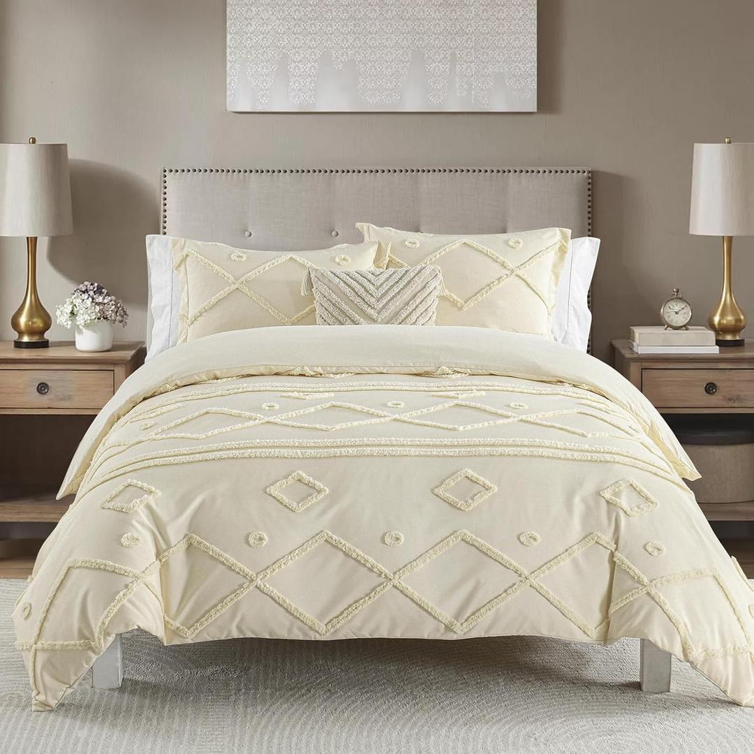 CozyDH Duvet Cover Queen Size - Tufted Creamy Embroidery Jacquard Boho Soft Lightweight Shabby Chic 3pcs Polyester Duvet Covers Set - Modern Geometry Stripe (Beige, 90x90, No Comforter)