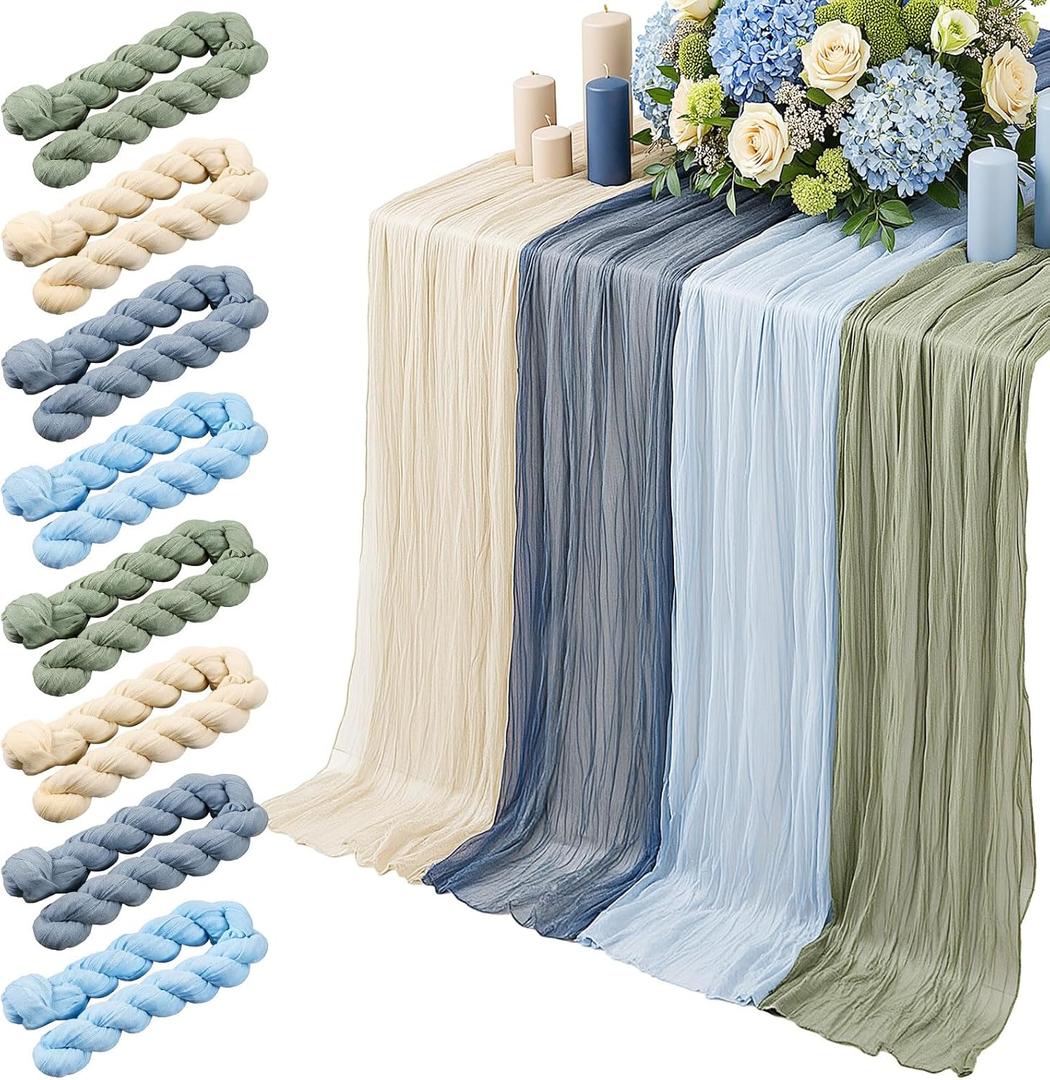 8 Pcs Sage Green and Dusty Blue Cheesecloth Table Runner Boho Gauze Cheese Cloth Runner 118" Rustic Table Decor for Wedding Bridal Baby Shower Anniversary Birthday Party Home Arbor Decorations