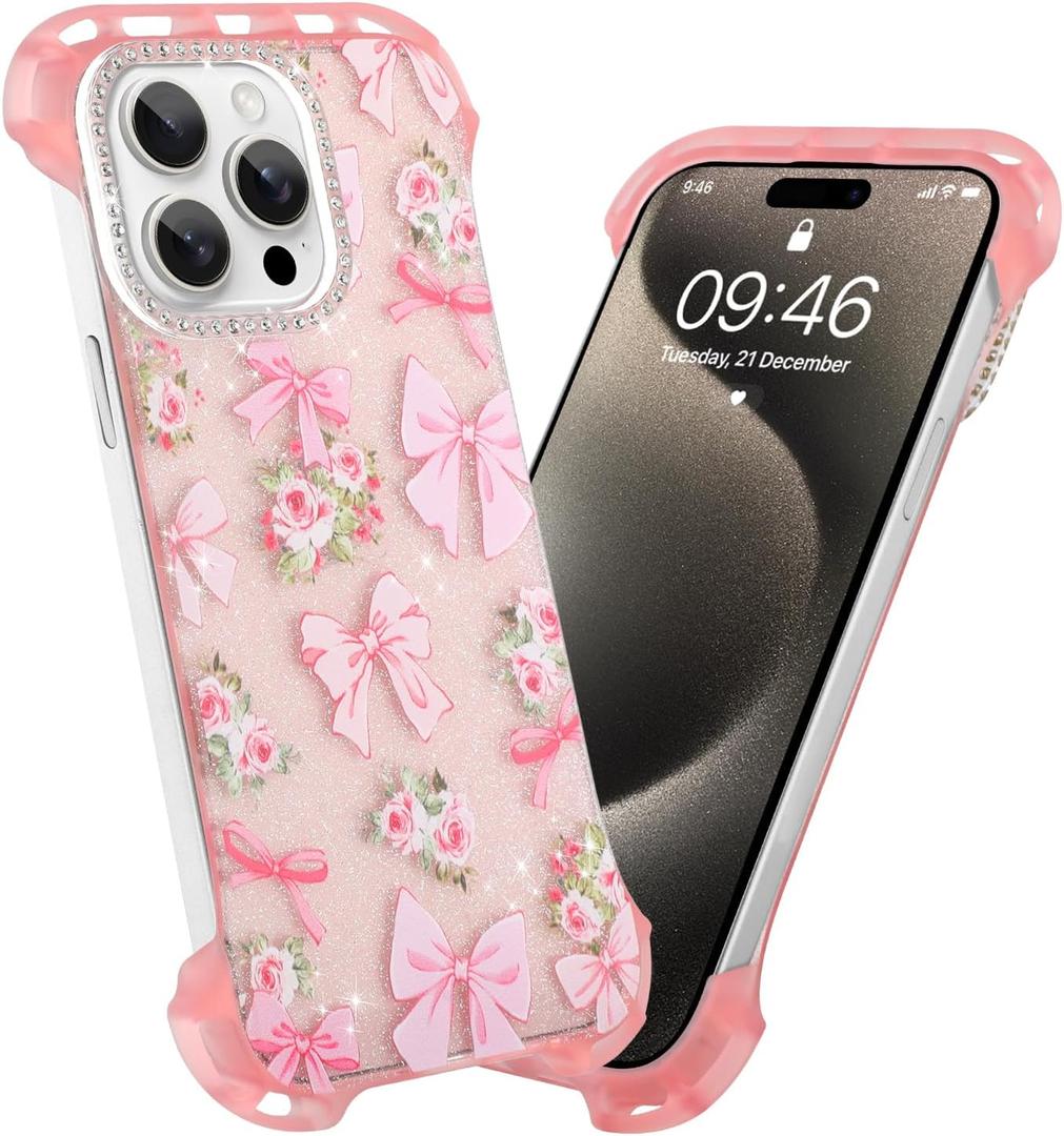 AIGOMARA Slim Frameless for iPhone 15 Pro Max Case, Cute Ribbon Bow Rose Design Clear Glitter Phone Case for Women Girls, Ultra-Thin Minimalist Borderless Hard PC Shockproof Case Cover, Pink