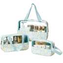 Pack Of 2 Travel Toiletry Bag, 3 Piece Waterproof Makeup Bag Set, Floral Pattern Cosmetic Organizer Bag with Handle, Spacious Makeup Bag with Clear Window (Light Blue, Floral)