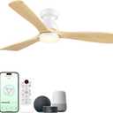 60 inch Smart Flush Mount Ceiling Fan with Lights,Low Profile Wood Ceiling Fan with lights Works with App&Alexa/Gg Voice Control&Remote,Quiet DC Motor for Covered Patio Porch,Nature Wood