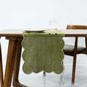 AORISSI 100% Natural Linen Rustic Scalloped Embroidery Table Runner 72 Inches Long, Linen Table Runner 14 x 72 Inch for Dresser and Dining Tables Decor, 4-6 Sets, Olive Green(Edges-Gold)