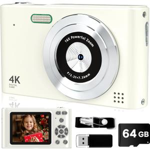 Digital Camera, 44MP Full HD 1080P Point and Shoot Camera with 64GB Card, Anti Shake 16X Zoom Compact Volg Cameras, Portable Small Camara Gift for Kids, Ages Teen Girl Boy - White
