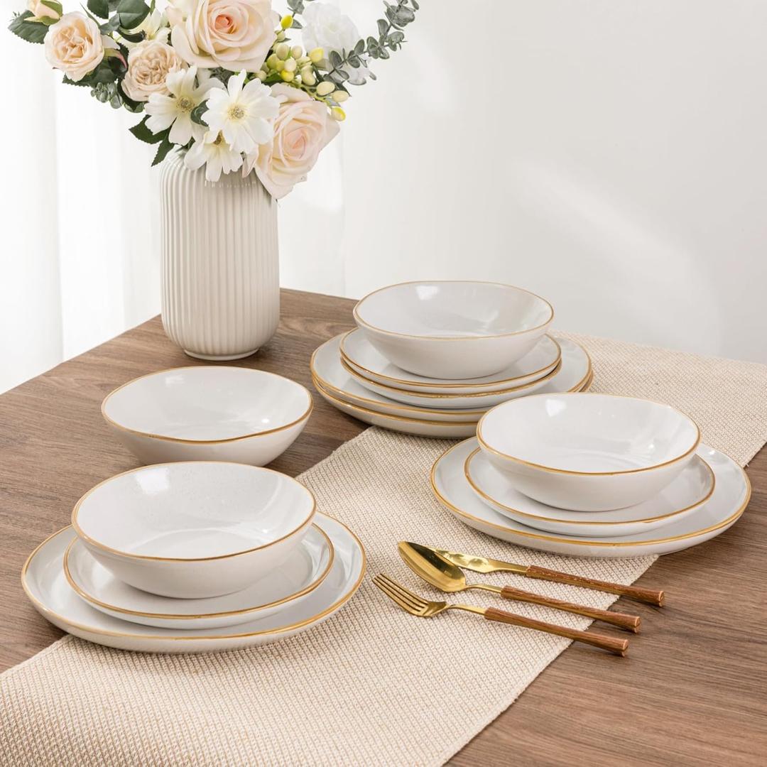 AmorArc Ceramic Dinnerware Sets,Handmade Reactive Glaze Stoneware Plates and Bowls Set,Highly Chip and Crack Resistant Dishware | Dishwasher & Microwave Safe Dishes Set,Service for 4(12Pcs) (White)
