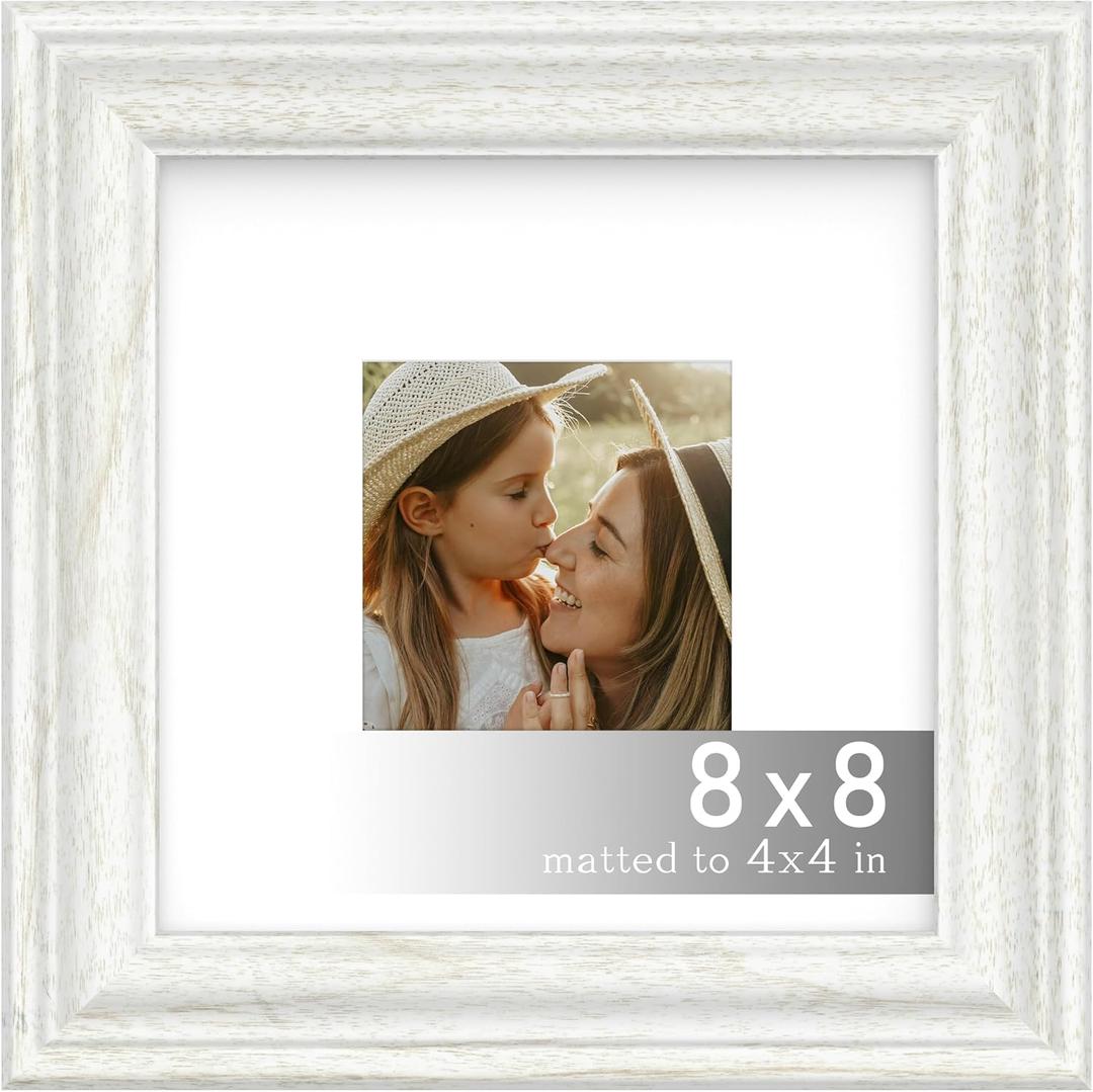 An&He 8x8 Square Picture Frame, Vintage Wood Photo Frame with PS Panel for Wall or Table Display – White Wood