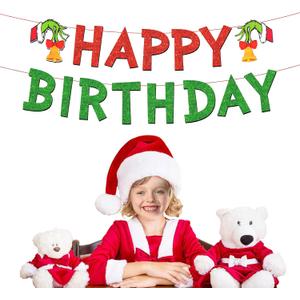 Merry Christmas Birthday Banner, No DIY, Glittery Happy Xmas Themed Party Decorations Red and Green December Party Supplies