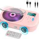 Greadio Portable CD Player with Speakers  Rechargeable Bluetooth Pink CD Player for Kids & Car, 2000mAh Anti-Skip, FM Radio/USB/AUX/Remote Control, Stereo Sound, Timer