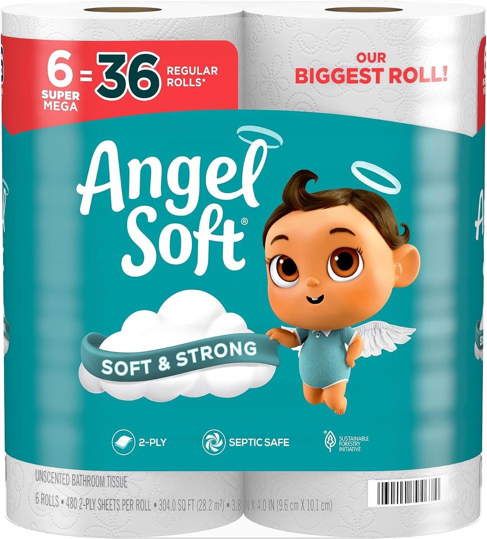 Angel Soft Toilet Paper, 6 Super Mega Rolls = 36 Regular Rolls, Soft and Strong Toilet Tissue, 480 Sheet