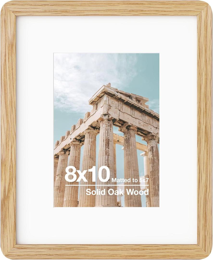 8x10 Solid Oak Wood Frame | 8x10 Picture Frame With Mat For 5x7 | Plexiglas And Hanging Hardware Included | Natural Oak, 1 Pack
