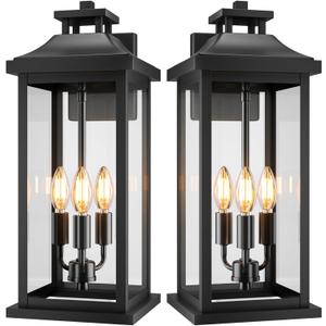 20" Large Outdoor Light Fixtures 3-Light 2 Pack, Black Outside Modern Porch Lights for House, Exterior Wall Sconce Lanterns Wall Mounted Waterproof Outdoor Coach Lamps for Garage E12