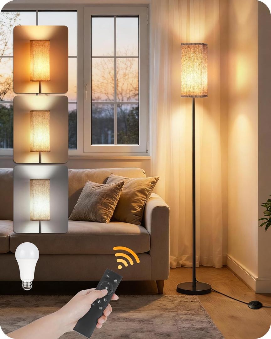 64.2 Dimmable Floor Lamp for Living Room with Remote and Foot Switch, Corner Floor Lamp for Bedroom, Includes 10W A19 Bulb, Modern Standing Tall Lamp, ETL Listed Beige and Black E17LD05