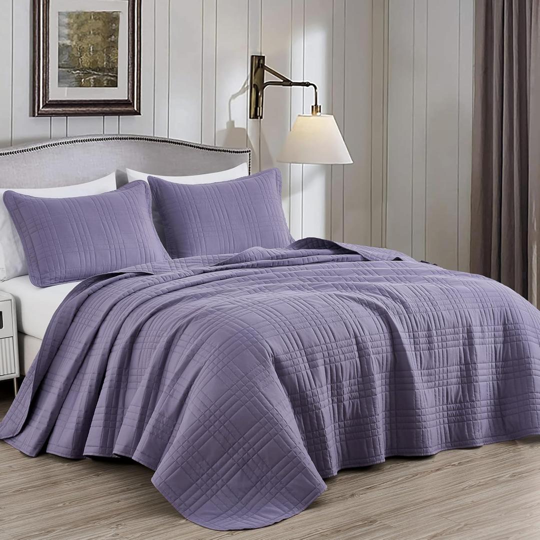 Chezmoi Collection Kingston King Size Bedspread Set, 3-Piece Dusty Purple Oversized Quilted Microfiber Lightweight Bedspread Coverlet (118"x106") for All Seasons
