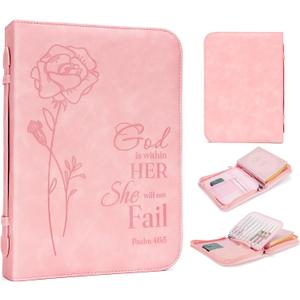 GUEER Bible Cover for Women, Bible Holder, Bible Cover Carrier Carrying Organizer Bag, Zipper and Pockets for Standard Size Bible, Gift for Women(Leather-Pink)