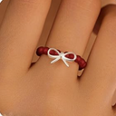 925 Sterling Silver Dainty Bow Knot Beads Ring for Women Mom with Pearl Black Red Agate Cute Jewelry to Daugther Elastic Adjustable Stacking Elegant Trendy Finger White Bow Ring Wedding Christmas Gift