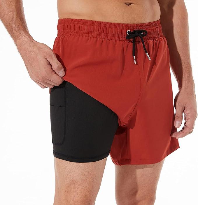 BRISIRA Mens Swim Trunks Swim Shorts for Men Quick Dry 5 inch Inseam Beach Shorts with Compression Liner Zipper Pocket , Size M, Brow