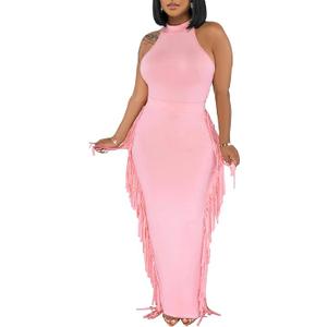 2 Piece Outfits for Women Sexy Crop Top Ruched Bodycon Maxi Dresses Fringe Skirt Sets Night Club Jumpsuits, XL
