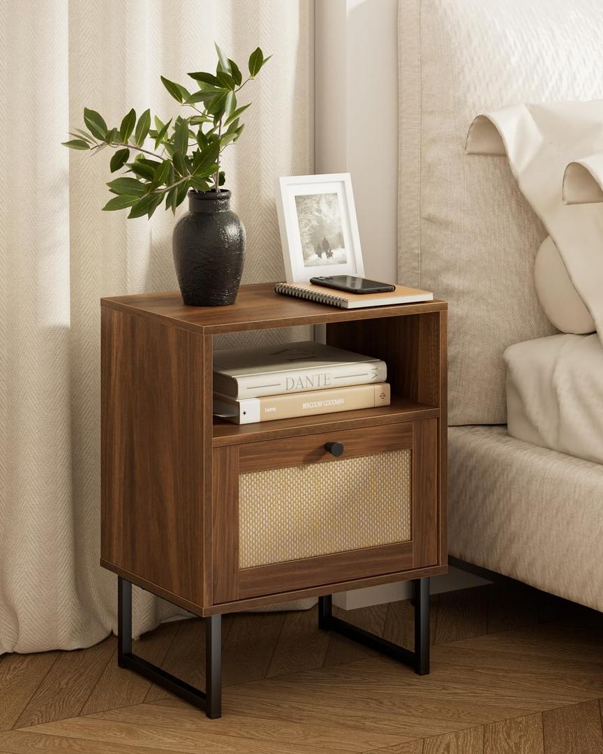 Masupu Rattan Nightstand,Modern Boho Farmhouse Wood Bedside Table with Storage Drawer and Open Shelf,Small Black Frame Side End Table for Bedroom,Living Room,Office (Walnut) (Normal Size)