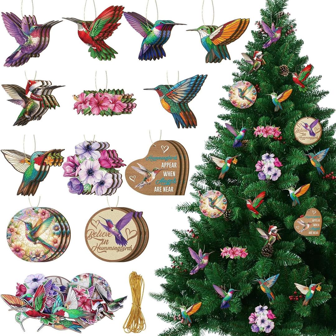 36 Pcs Hummingbird Christmas Tree Ornaments Set - Unique Double-Sided Printing Wooden Beautiful Bird Nature Outdoor Ornaments Gift Ideas for Xmas Holiday Women Bird Lovers