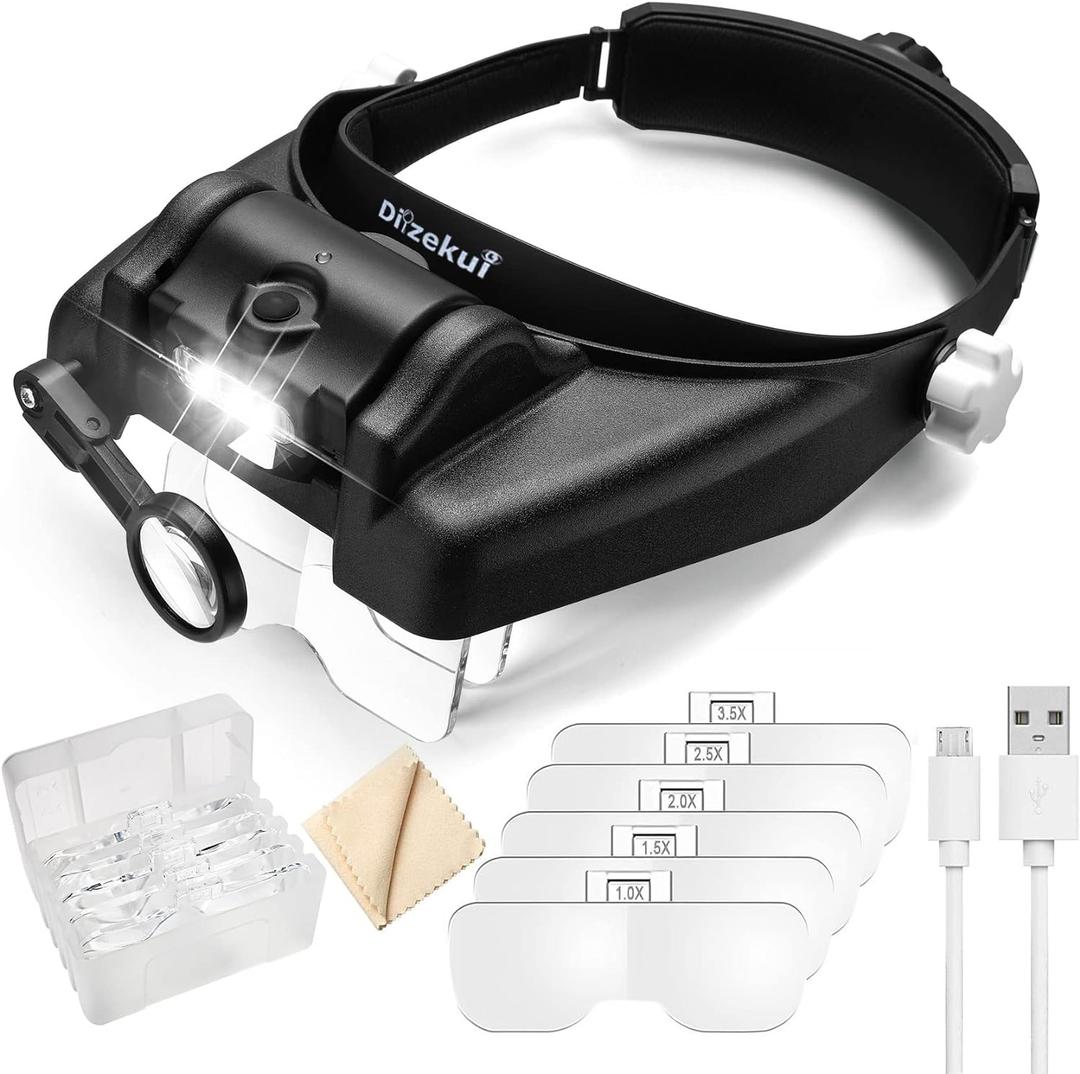 Head Magnifying Glasses with Light, Rechargeable Lighted Magnifying Glass 1X to 14X for Close Work, Magnifying Headset with Detachable Lens, Hands Free Head Magnifier for Jewelers Hobby Crafts (Black)