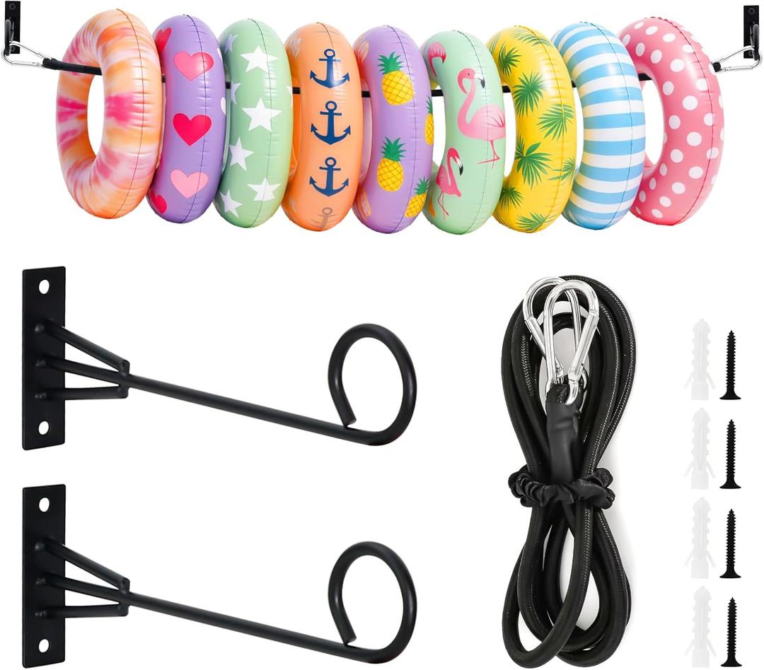 MUOUAKATE Pool Float Storage Holder, 63 Inch Wall Mount Pool Float Organizer Storage Rack with Hangers Rope for Swimming Ring, Towel, Tools & More Storage Indoor Outdoor Space-Saving