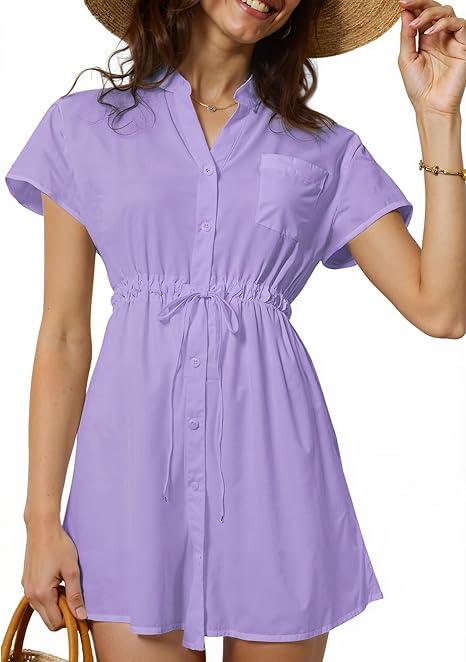 Women Swimsuit Coverup Button Down Bathing Suit Cover Ups V Neck Beach Bikini Swimwear Short Sleeve Summer Dress Black S