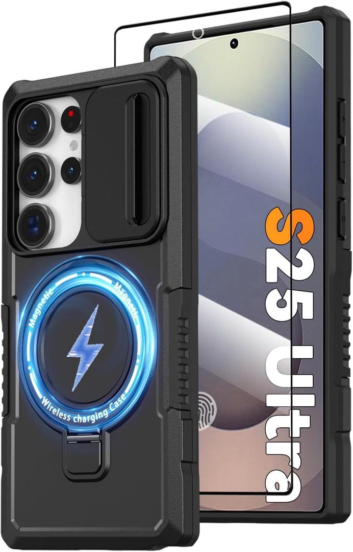 Magnetic Case for Samsung Galaxy S25 Ultra 5G with Ring Stand [Compatible with MagSafe Wireless Charging] [Screen Protector] Military Grade Heavy Duty Shockproof Case with Slide Camera Cover, Black