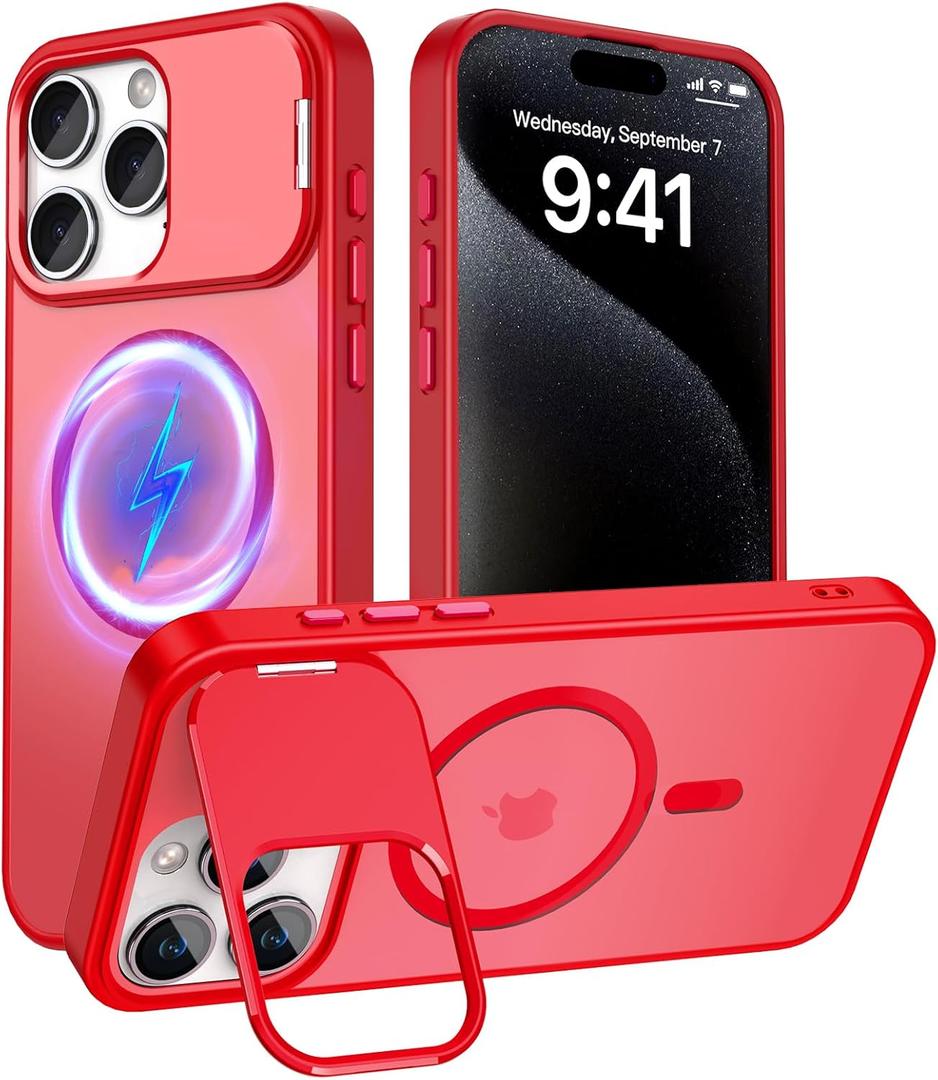 Innaght Magnetic for iPhone 15 Pro Case with Stand,Compatible with MagSafe,Rugged,Heavy Duty,Protective case Kickstand,[Built-in Invisible Stand],Red