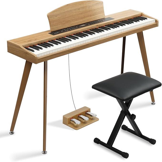 Ktaxon 88 Key Keyboard Piano Set, Full Size Digital Piano with Multi-Adjustable Height Bench, Powerful Functional Panel, Professional 3 Pedal Unit and Dual Mode Connectivity for Beginner(Wood)