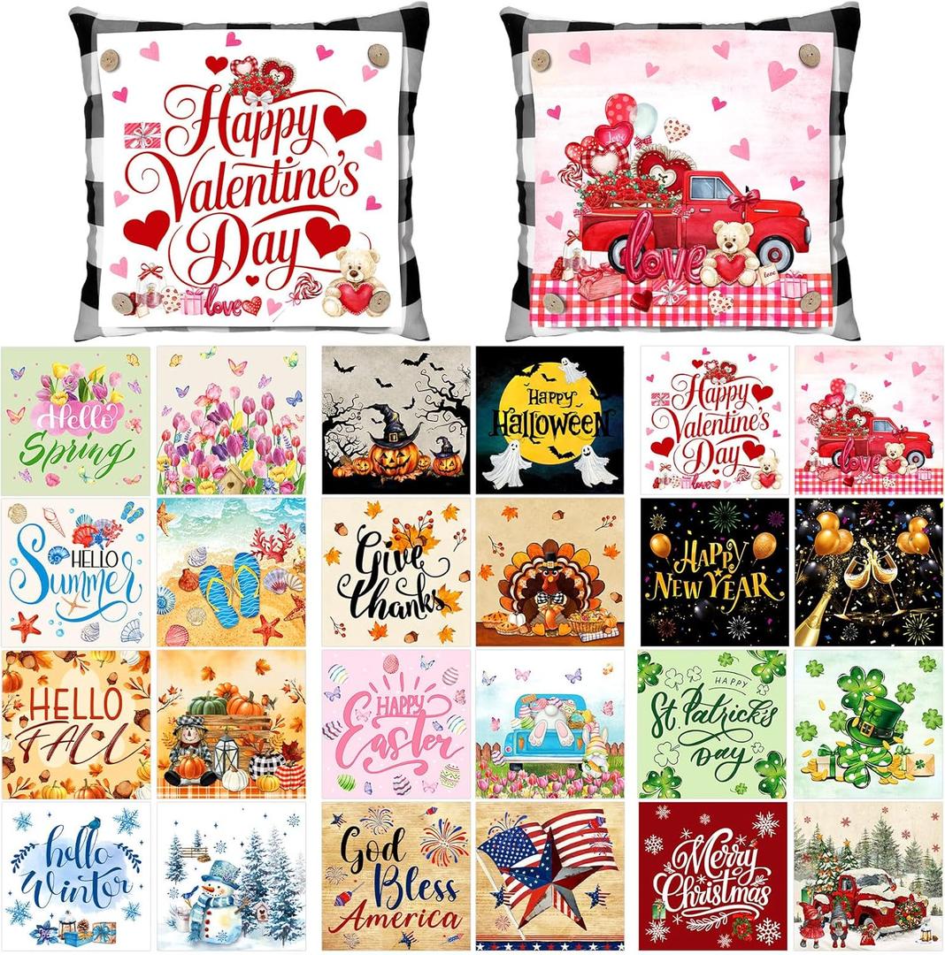 2 Pcs Seasonal Holiday Throw Pillow Cover 18 x 18 Inch, with 24 Interchangeable Pillow Panels, Valentine's Day Pillowcase Square Canvas Pillowcases for Home Office Farmhouse Couch Sofa Decor