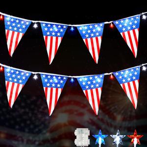 WBao 4th of July Decorations 16.4ft Patriotic String Lights with 20 USA Flags & 50 LED Red White Blue Stars, Waterproof Battery Operated Lights with 8 Modes, Timer for 4th of July & Memorial Day Decor