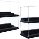 WMM Minifigure Display Case for Action Figures Blocks, Dustproof Acrylic Display Box Storage with 3 Movable Steps for Collection Models Minifigures, Bricks Blocks Toys (Large 4 Pack, Black)