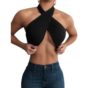 Mokoru Women's Sexy Sleeveless Halter Criss Cross Tank Crop Tops Self Tie Backless Cami (Black) L/XL