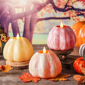MTLEE 3 Pcs Pumpkin Flameless Candles, LED Battery Operated Pumpkin Candles Lights Decorations Set for Thanksgiving Fall Party Decor