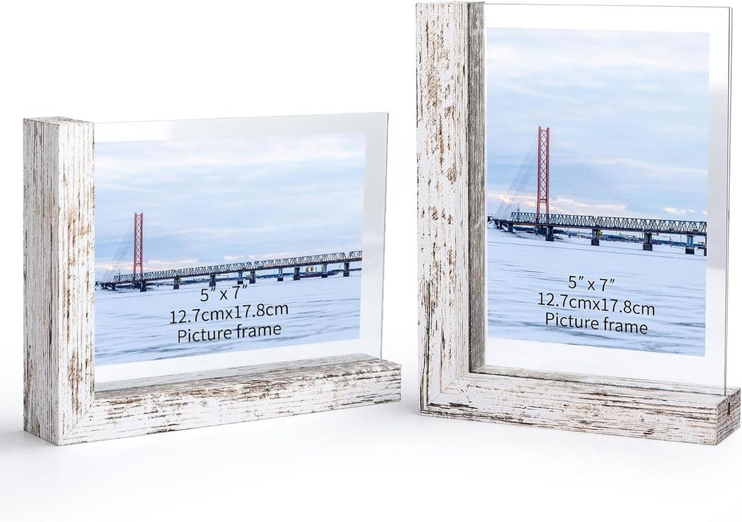 Lavezee 5x7 Picture Frames Set of 2, Double Sided Frame with Distressed White L Shaped Horizontal Vertical Holder Stand for 5 by 7 Photo Art, Desktop or Tabletop Decor