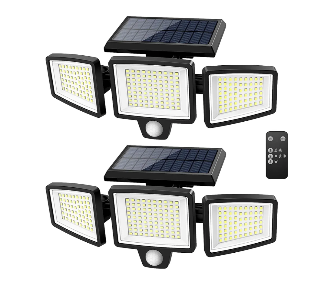 Tuffenough Solar Outdoor Lights 2500LM 210 LED Security Lights with Remote Control,3 Heads Motion Sensor Lights, IP65 Waterproof,270° Wide Angle Flood Wall Lights with 3 Modes(2 Packs)