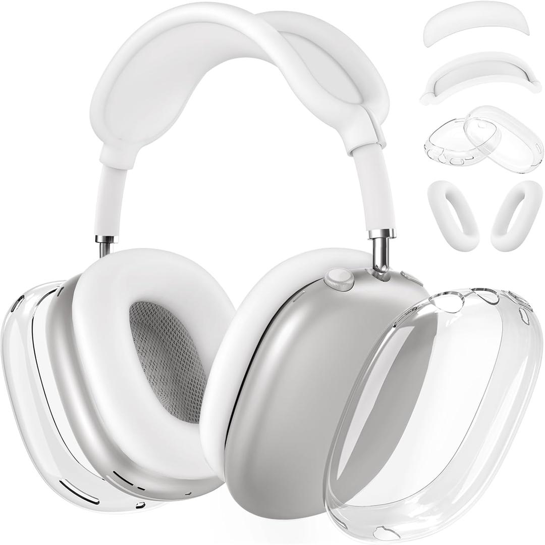 Silicone Case Cover for AirPods Max Headphones, Clear Soft TPU Ear Cups Cover/Ear Pad Case Cover/Headband Cover for AirPods Max (2024/2020),Transparent Accessories for Apple AirPods Max (USB-C), White