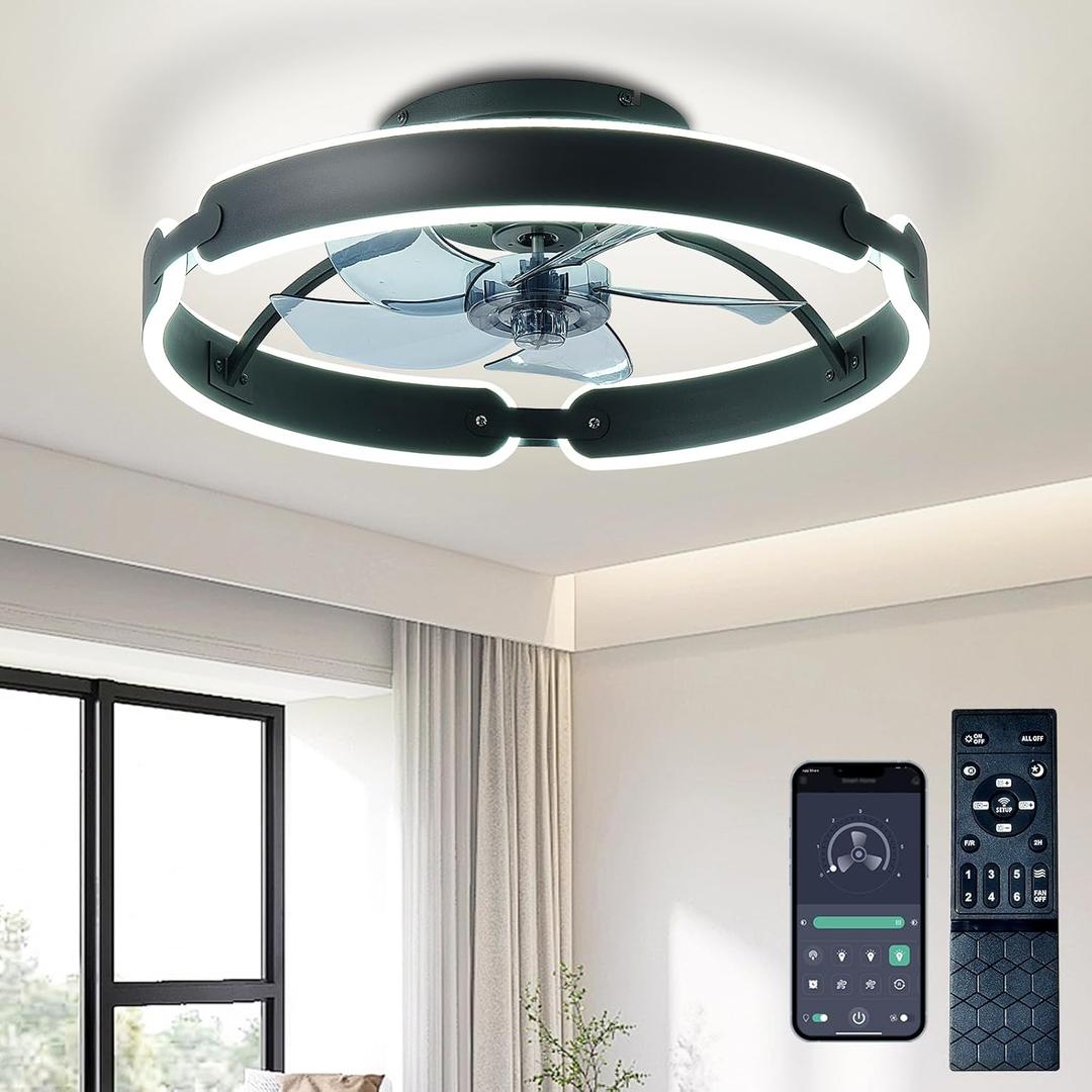 Ceiling Fans with Lights and Remote, 20'' Low Profile Ceiling Fan, 3000-6000K Dimmable Modern Flush Mount LED Fan Light, 6 Wind Speeds Black Ceiling Fans for Bedroom