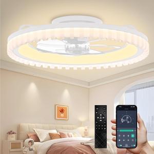 Ceiling Fans with Lights and Remote - 20'' Low Profile Ceiling Fan, 3000-6500K Dimmable Modern Flush Mount LED Fan Light, 6 Speeds, Quiet DC Motor, White Ceiling Fans for Bedroom, Living Room