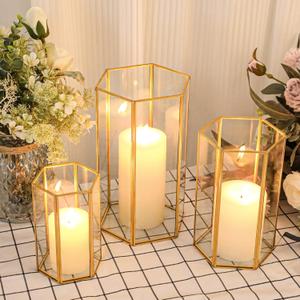 Glass Hurricane Candle Holder, Set of  3 Large Clear Hexagon Lanterns Pillar Candle Lantern with Gold Metal Frame Wedding Centerpiece Table Decor Home Decorations