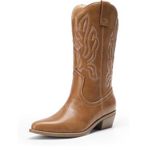 DREAM PAIRS Women's Cowboy Boots Mid Calf Cowgirl Boots Embroidery Stitched Western Boots, Size 8, Tan