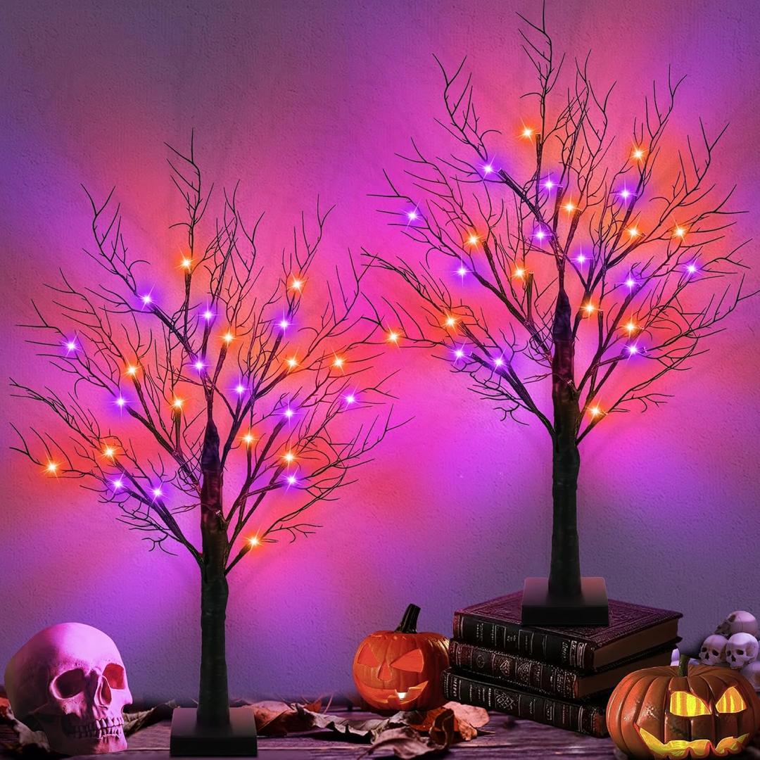 [Timer] 2 Pack 24 Inch Halloween Decorations Indoor, Black Halloween Tree with 24 LED Orange Purple Lights & 16 Pumpkin Bat Ghost Witch Hat, USB/Battery Operated Table Decorations Home Party