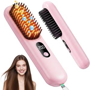 Go Brush Pro 2026, Cordless Hair Straightener Brush, Mini Hair Straightener with 4 Temperature Settings, Portable Hair Straightener Brush with MCH Heating and Ionic & Ceramic Care for Women (Pink)