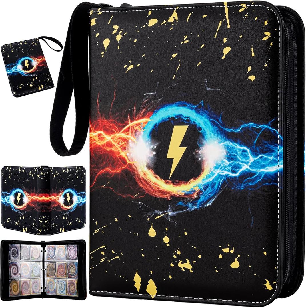 Jravkfi 9 Pocket Trading Card Binder,900 Pockets Trading Card Collection Book with Sleevese,3-ring Zipper Sports Card Album with 50 Removable Double-Sided Card Holder (Black) (2-13.2*10.8*2in)