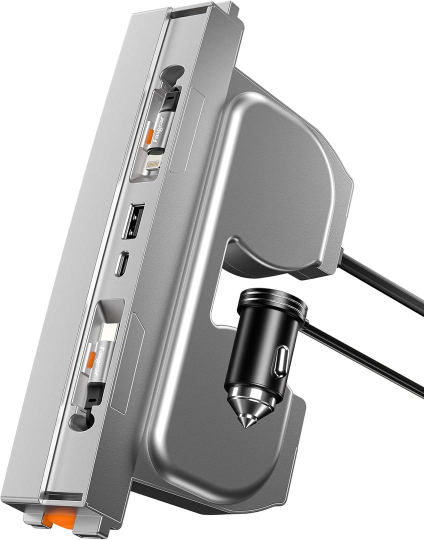 Fasgear 2026/2025 Model Y Juniper USB Hub Tesla 2024 Model 3 Highland Docking Station 4-Ports Center Console Interior Accessories, Retractable 80cm Fast Charging Cable for iPhone 16/15/13, Silver