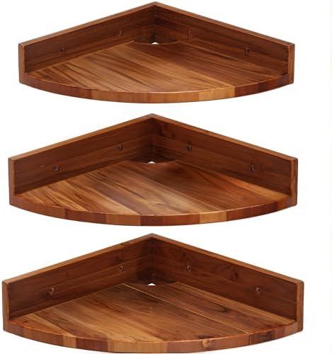 Demigo Corner Shelf Wall Mount Set of 3, Solid Acacia Wood Round Floating Corner Shelves for Storage and Display, Hanging Wood Shelves for Bedroom, Kitchen, Living Room, Bathroom (Brown)
